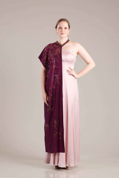 Rose Pink Gown With Wine Drape - Sakshi Narula