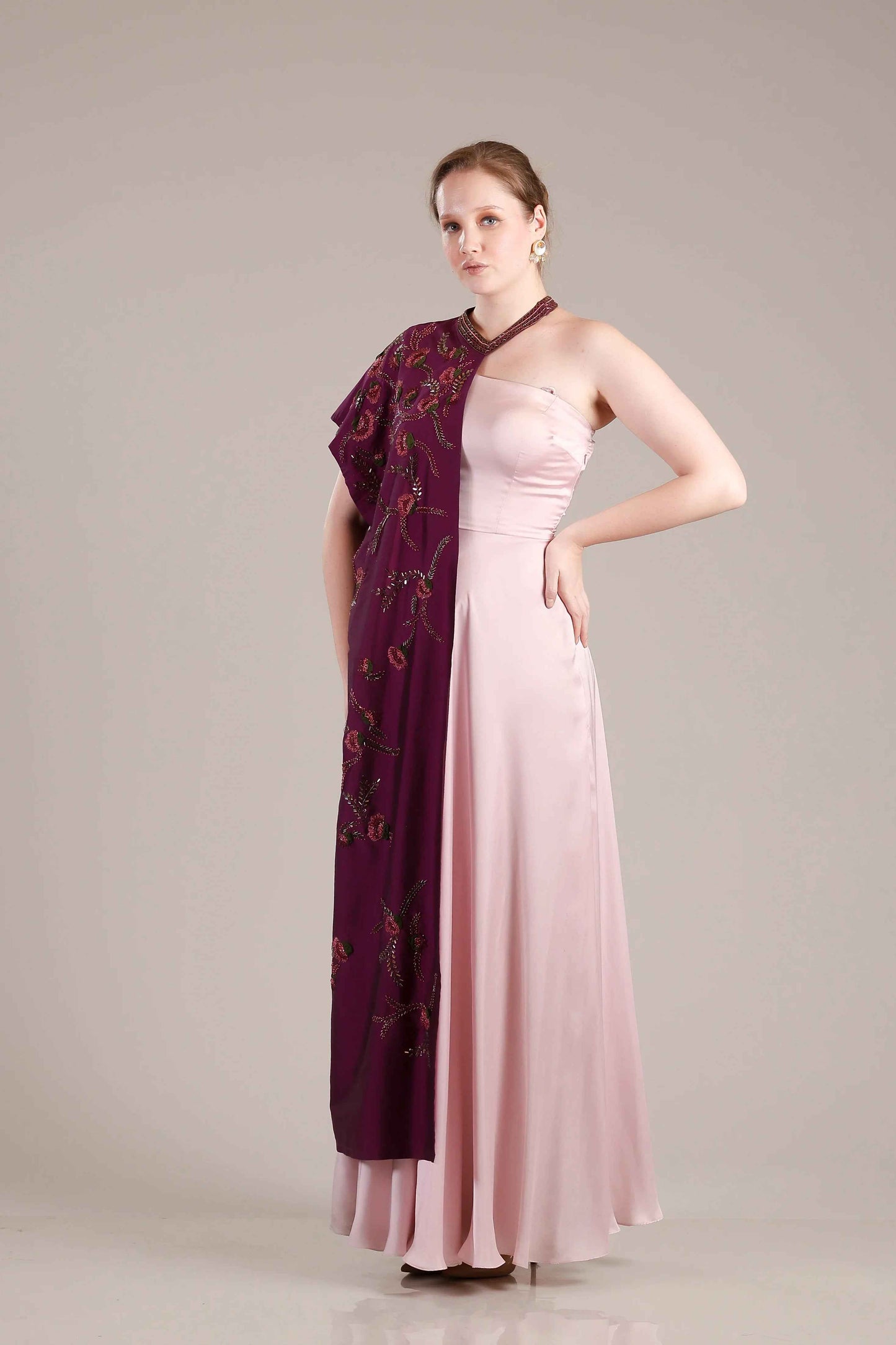 Rose Pink Gown With Wine Drape - Sakshi Narula