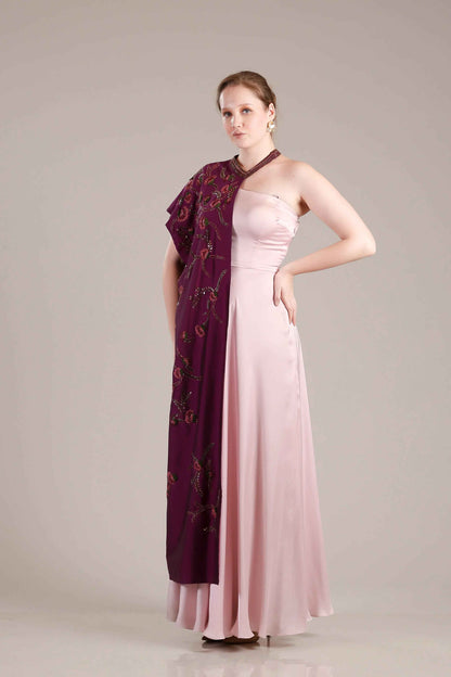 Rose Pink Gown With Wine Drape - Sakshi Narula