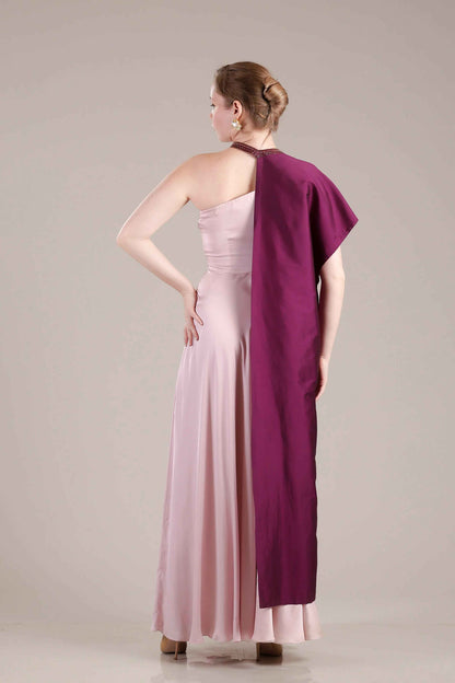 Rose Pink Gown With Wine Drape - Sakshi Narula