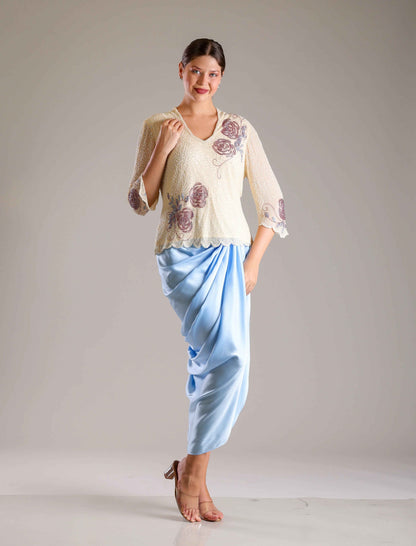 Cream Top & Blue Drape Skirt - Sakshi Narula