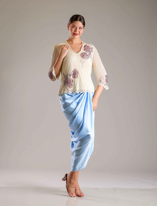 Cream Top & Blue Drape Skirt - Sakshi Narula