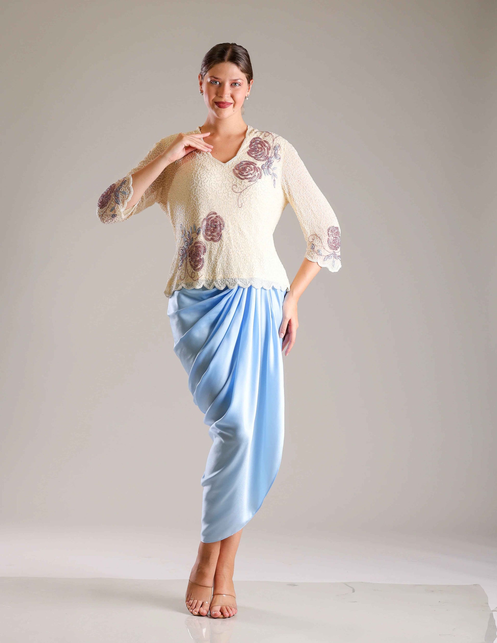 Cream Top & Blue Drape Skirt - Sakshi Narula