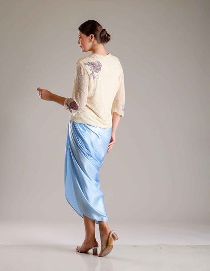 Cream Top & Blue Drape Skirt - Sakshi Narula