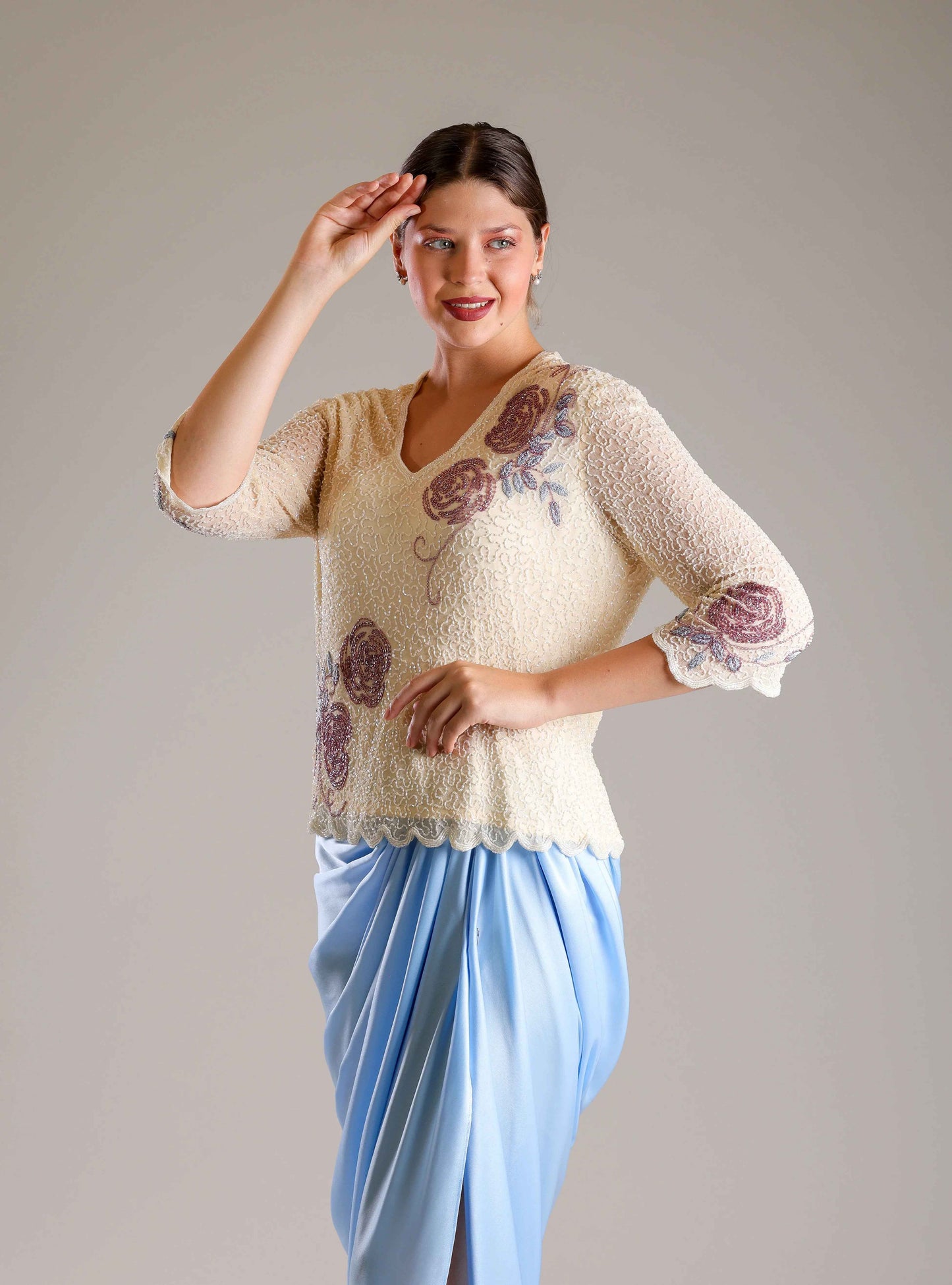 Cream Top & Blue Drape Skirt - Sakshi Narula