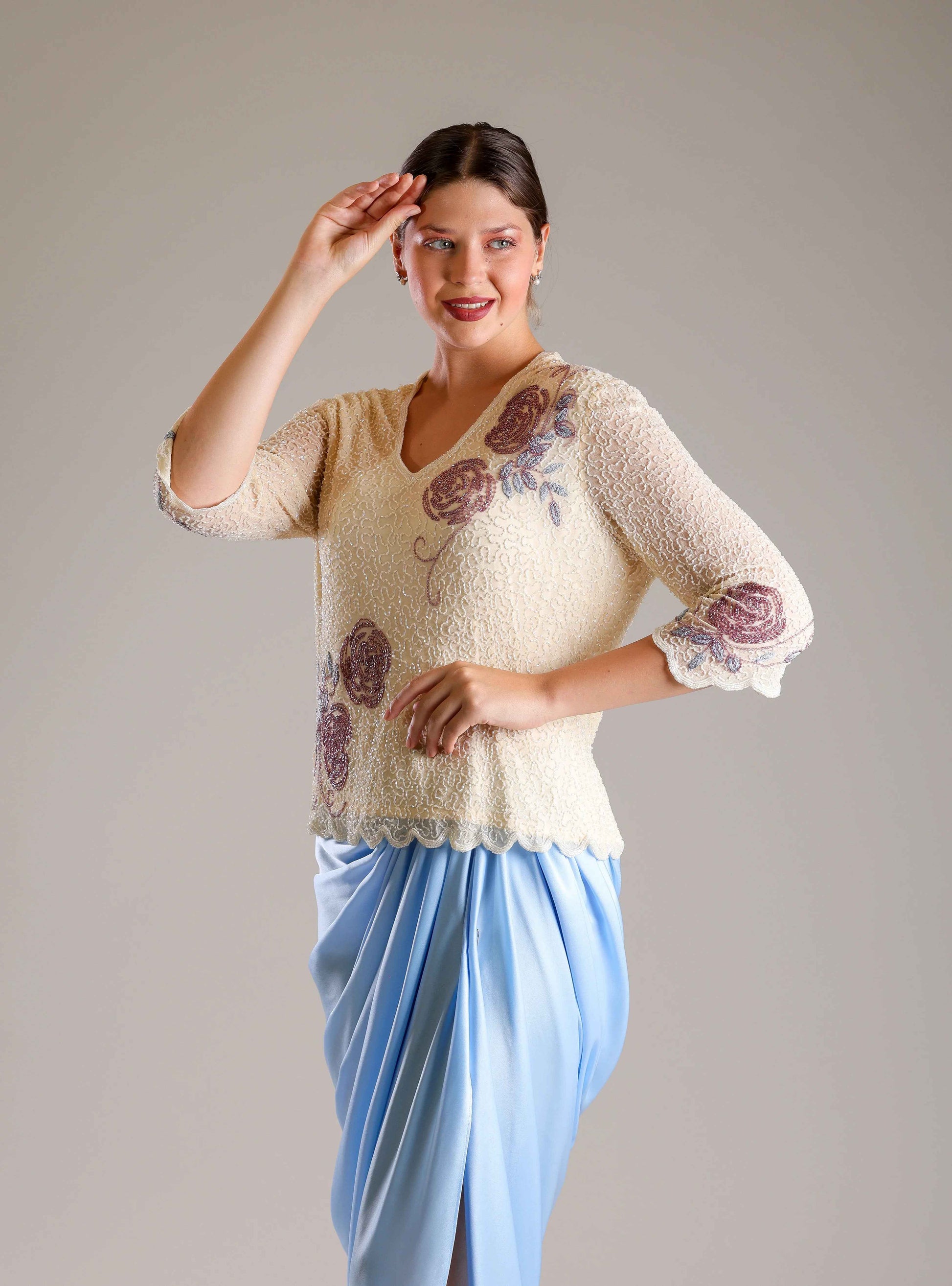 Cream Top & Blue Drape Skirt - Sakshi Narula