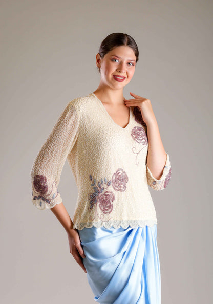 Cream Top & Blue Drape Skirt - Sakshi Narula