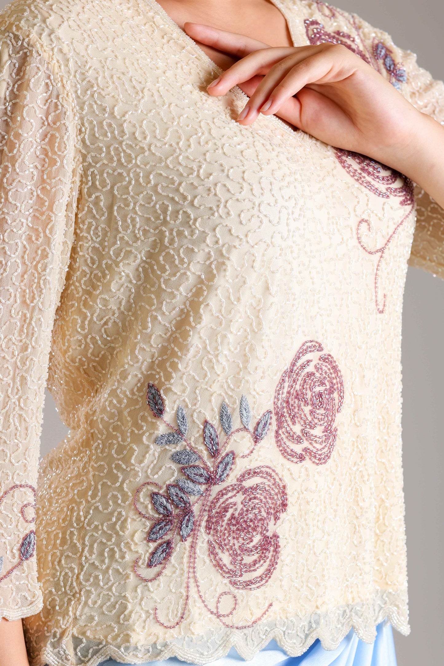 Cream Top & Blue Drape Skirt - Sakshi Narula