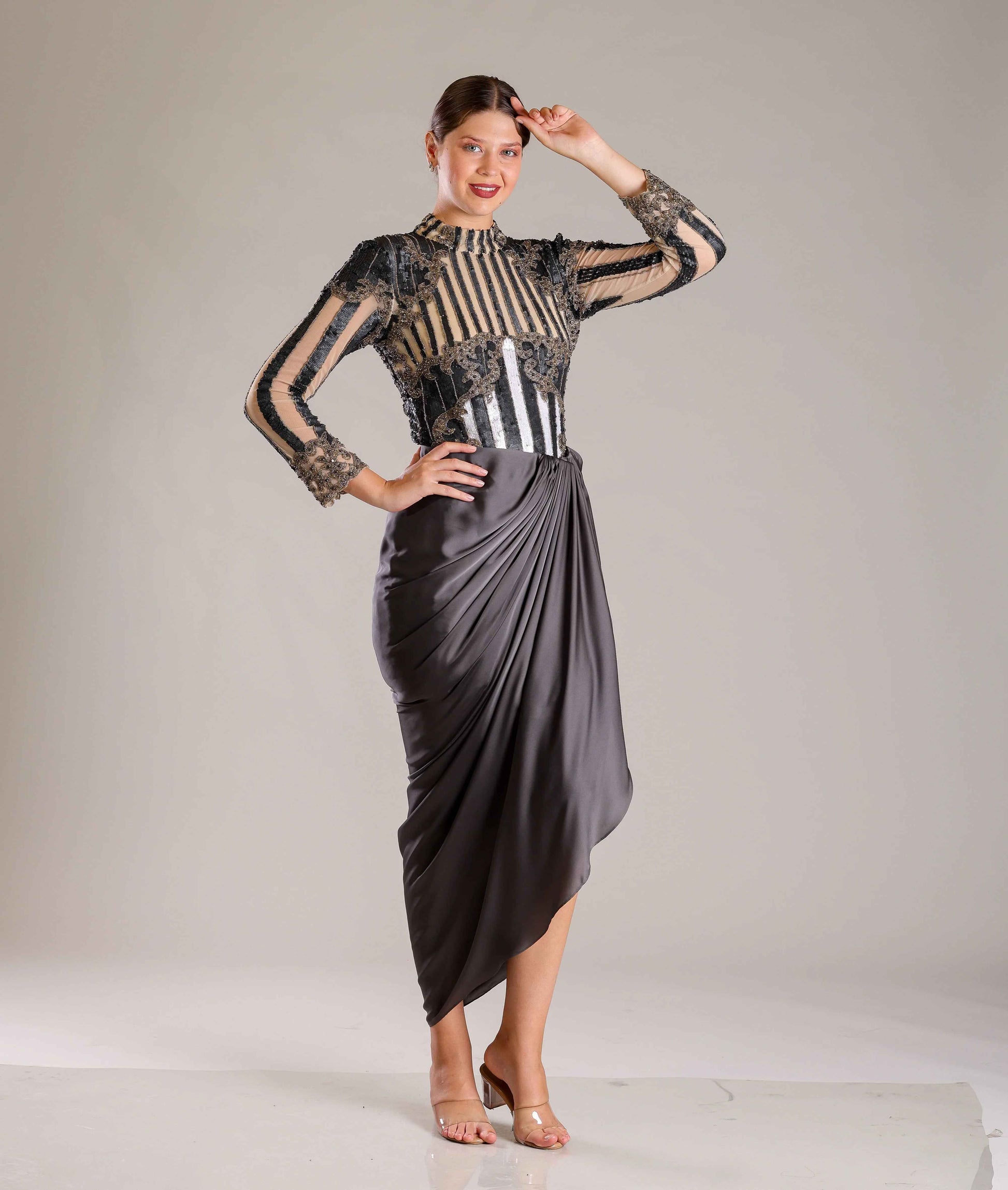 Black, Beige & White Drape Outfit - Sakshi Narula