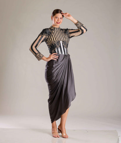 Black, Beige & White Drape Outfit - Sakshi Narula