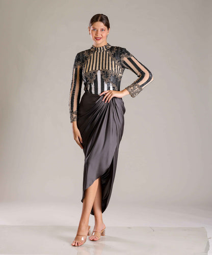 Black, Beige & White Drape Outfit - Sakshi Narula