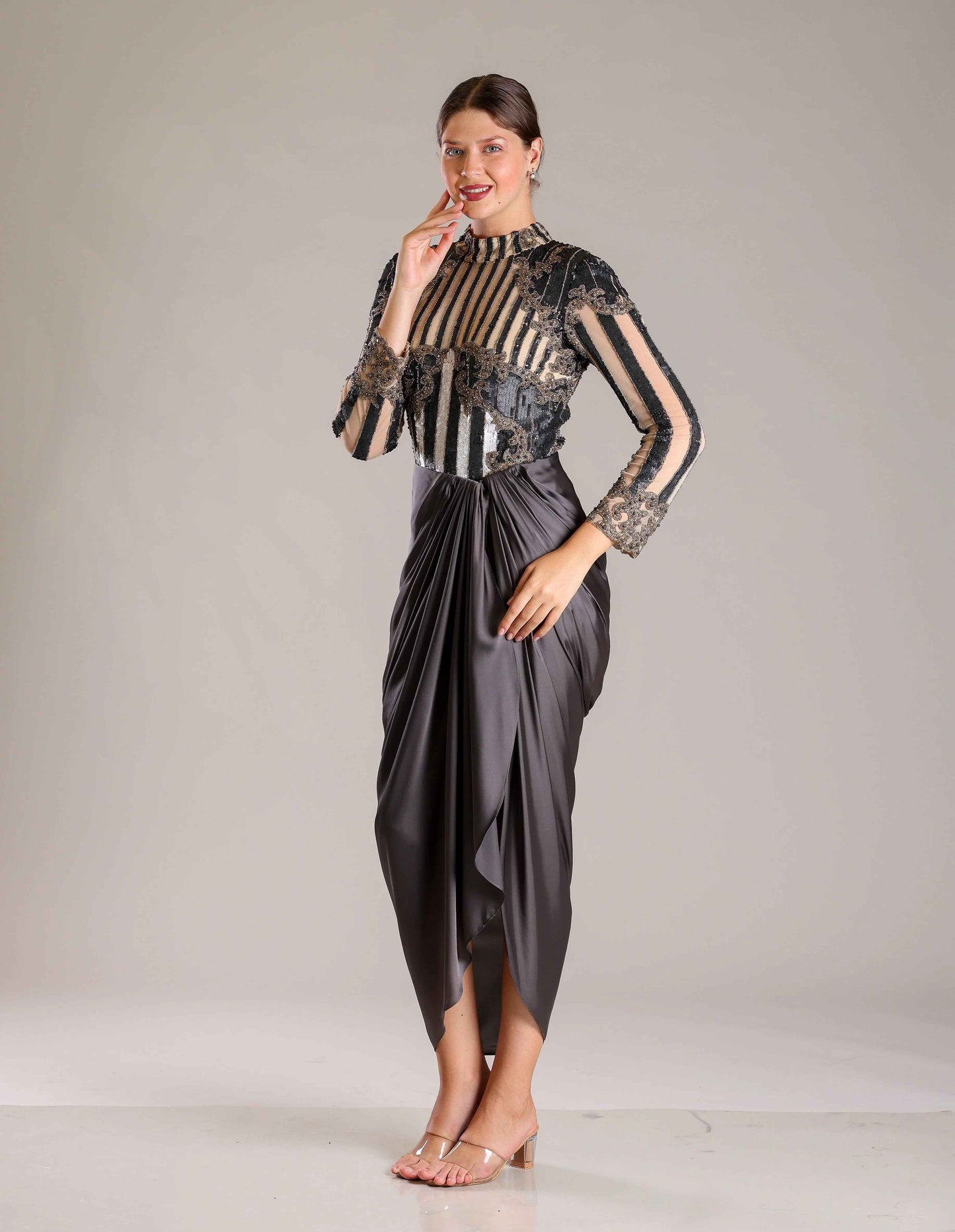 Black, Beige & White Drape Outfit - Sakshi Narula