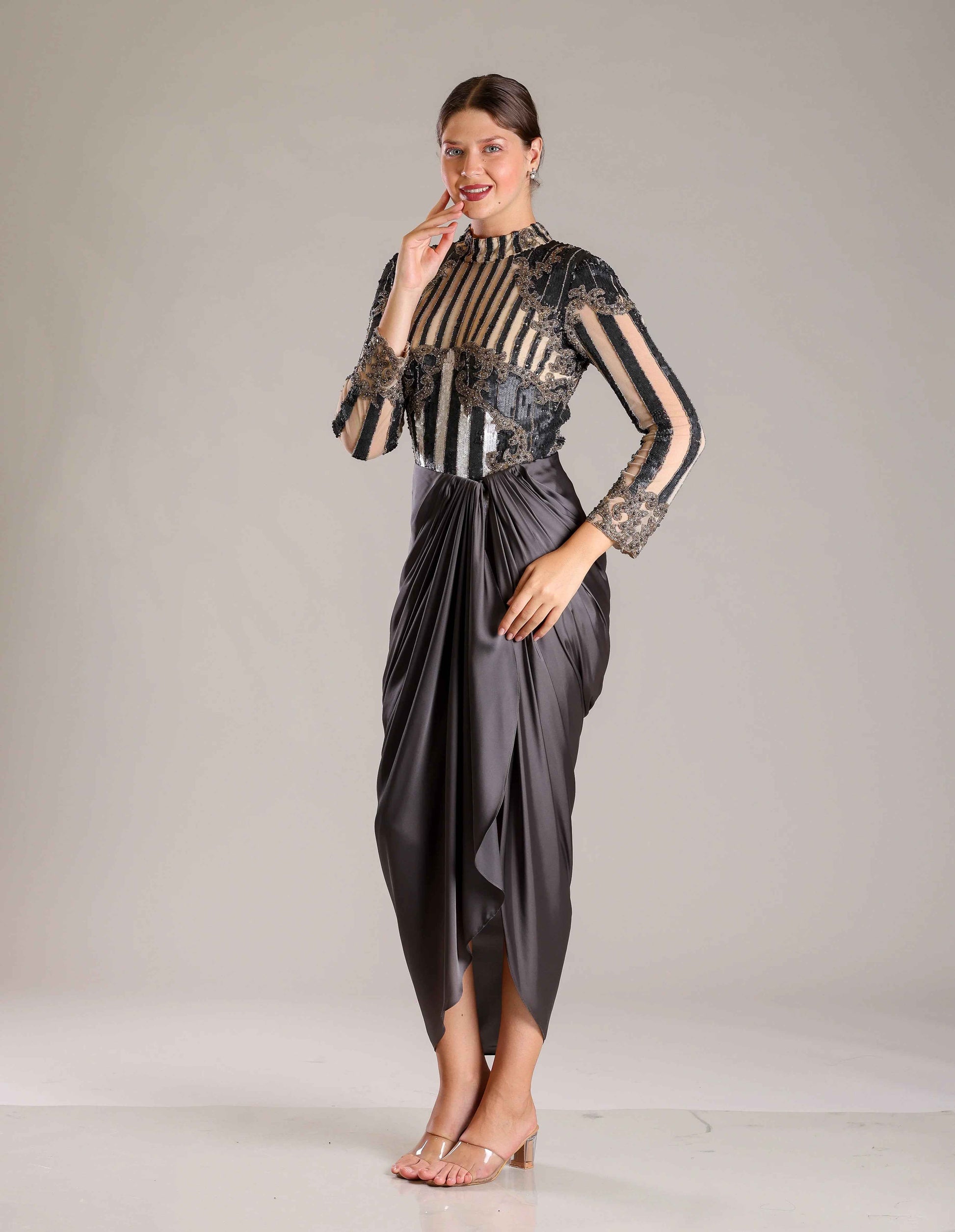 Black, Beige & White Drape Outfit - Sakshi Narula