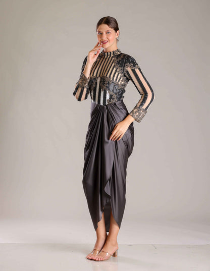 Black, Beige & White Drape Outfit - Sakshi Narula