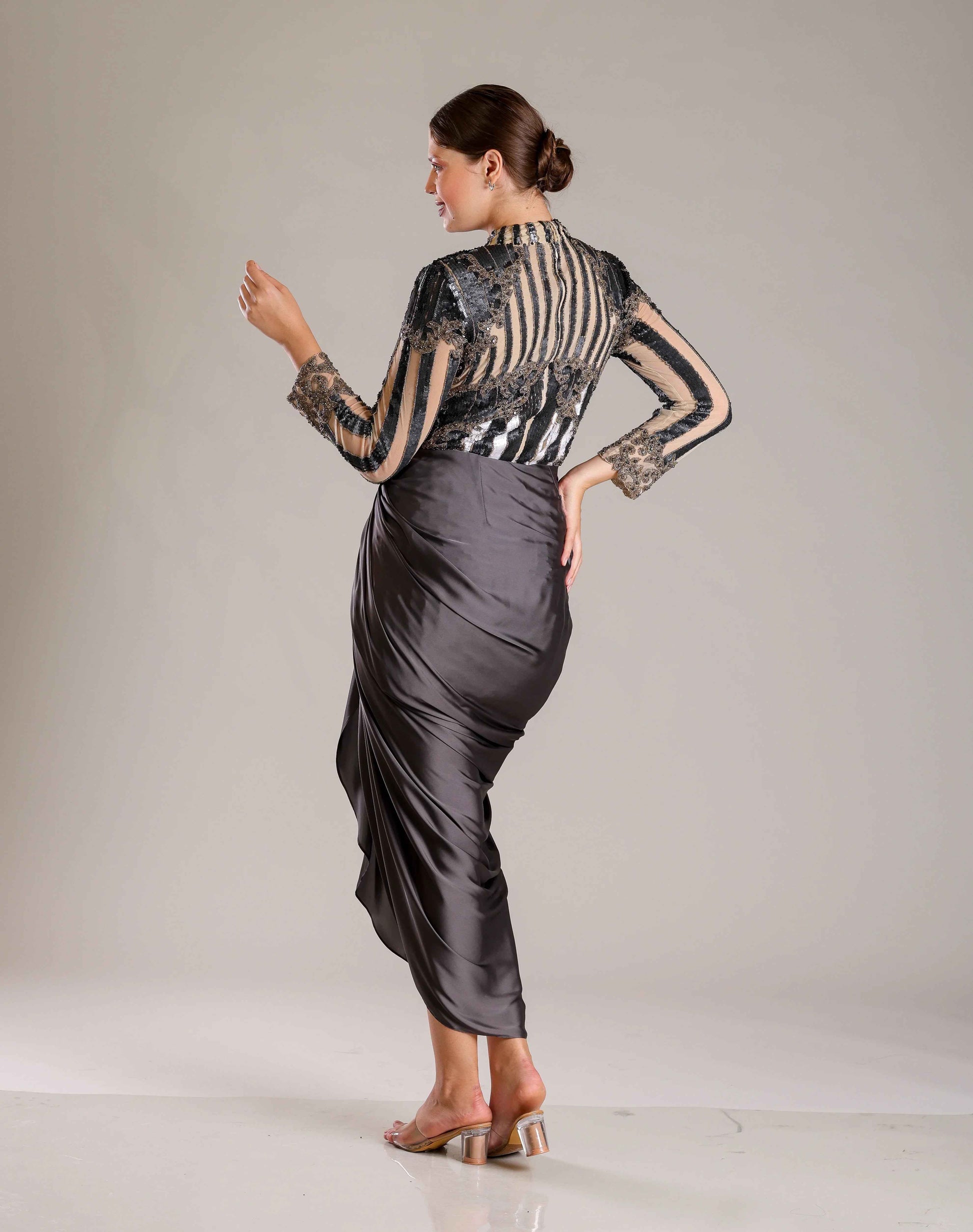 Black, Beige & White Drape Outfit - Sakshi Narula