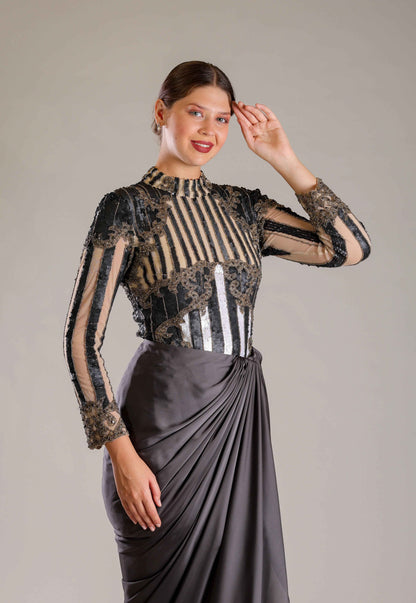 Black, Beige & White Drape Outfit - Sakshi Narula