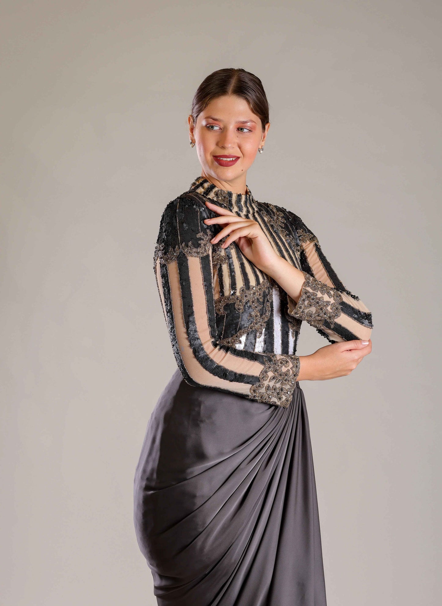 Black, Beige & White Drape Outfit - Sakshi Narula