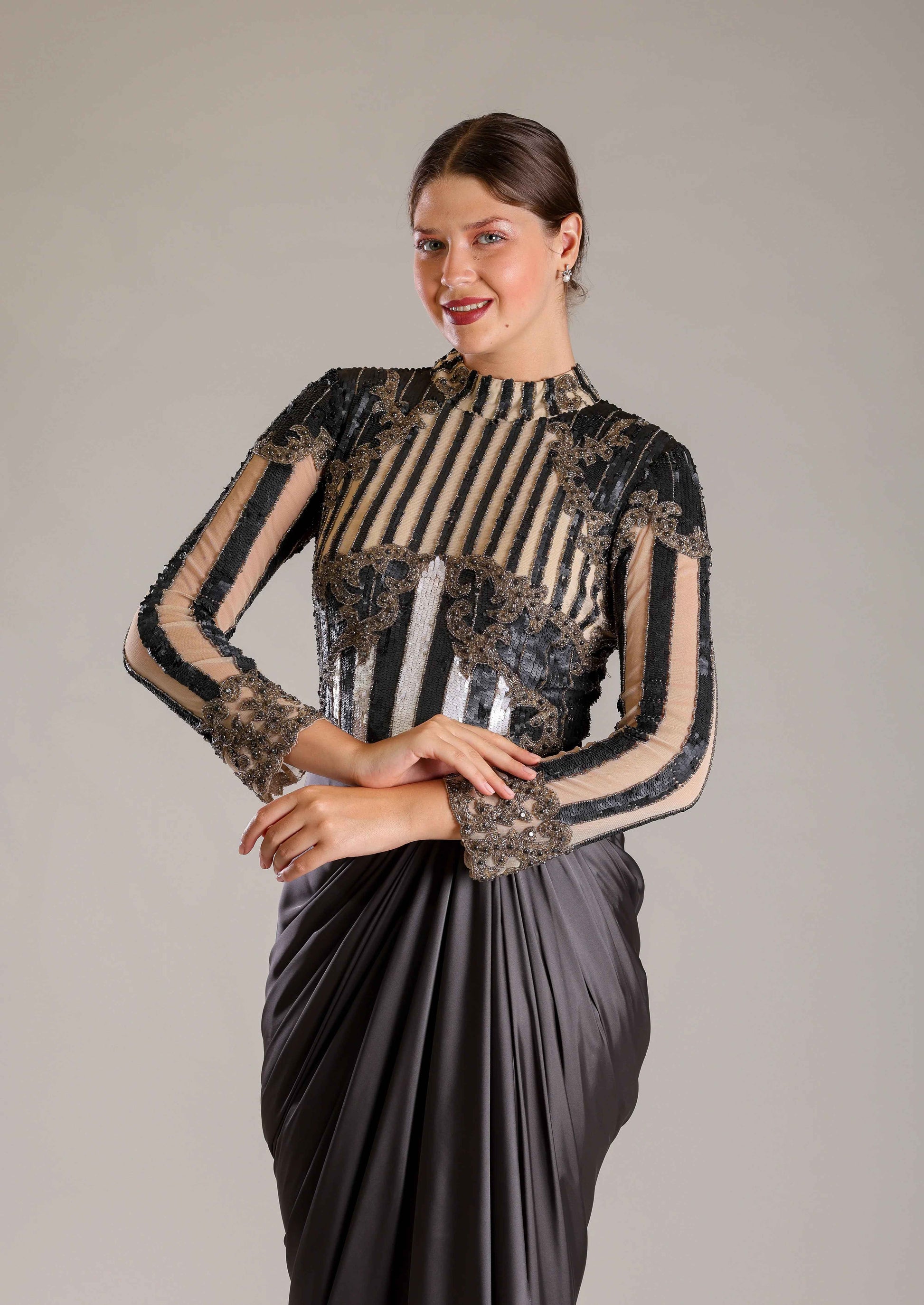 Black, Beige & White Drape Outfit - Sakshi Narula