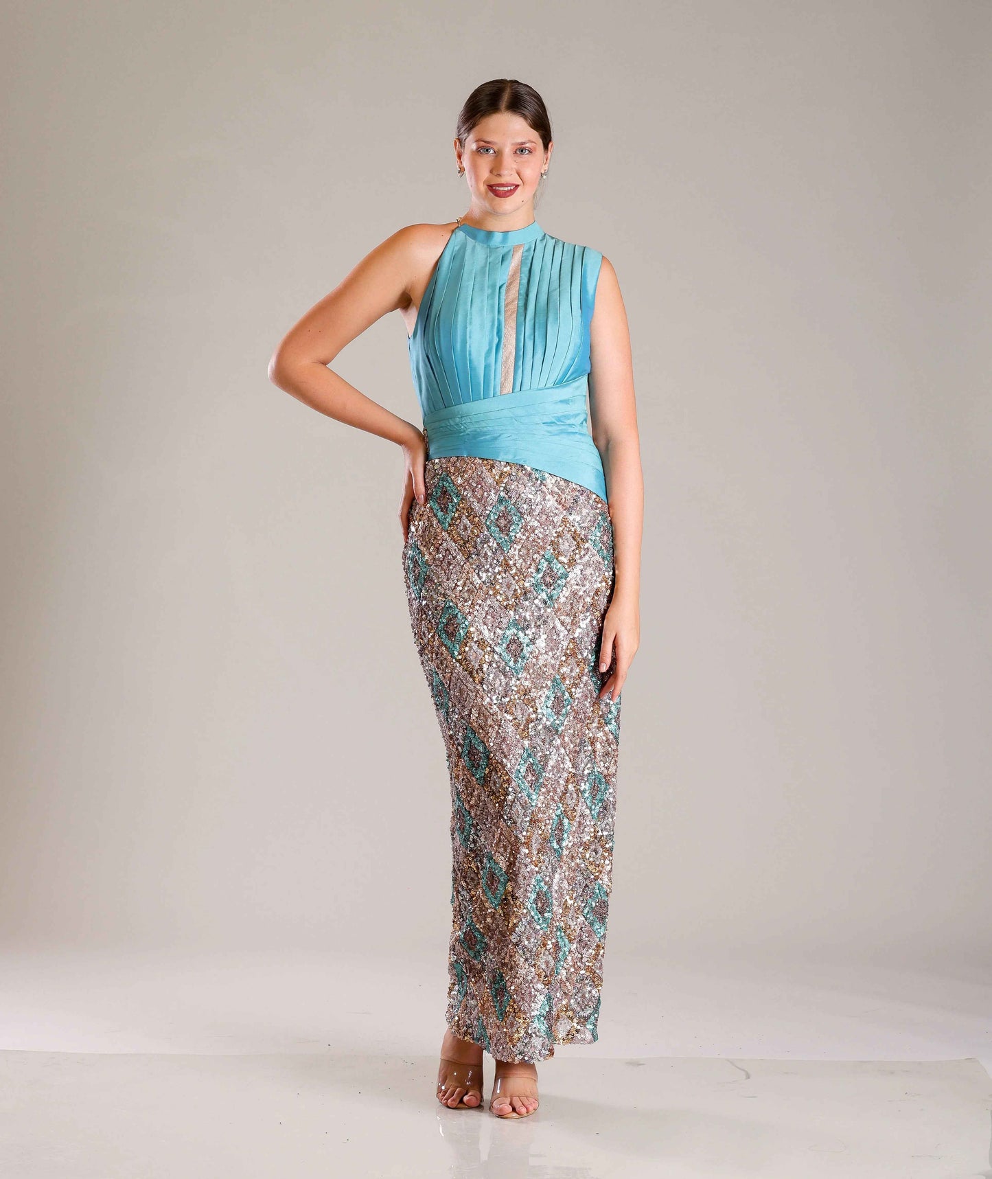 Turquoise Sequins Gown - Sakshi Narula