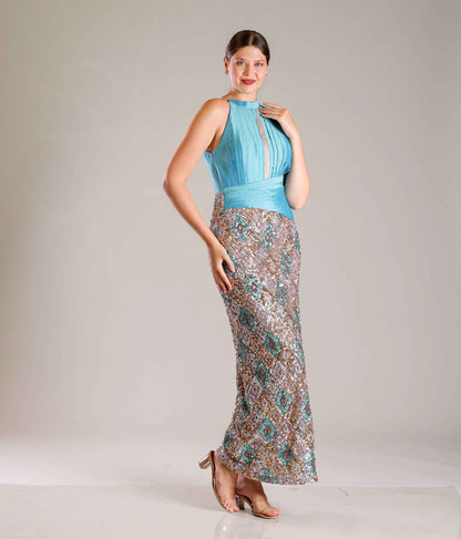 Turquoise Sequins Gown - Sakshi Narula