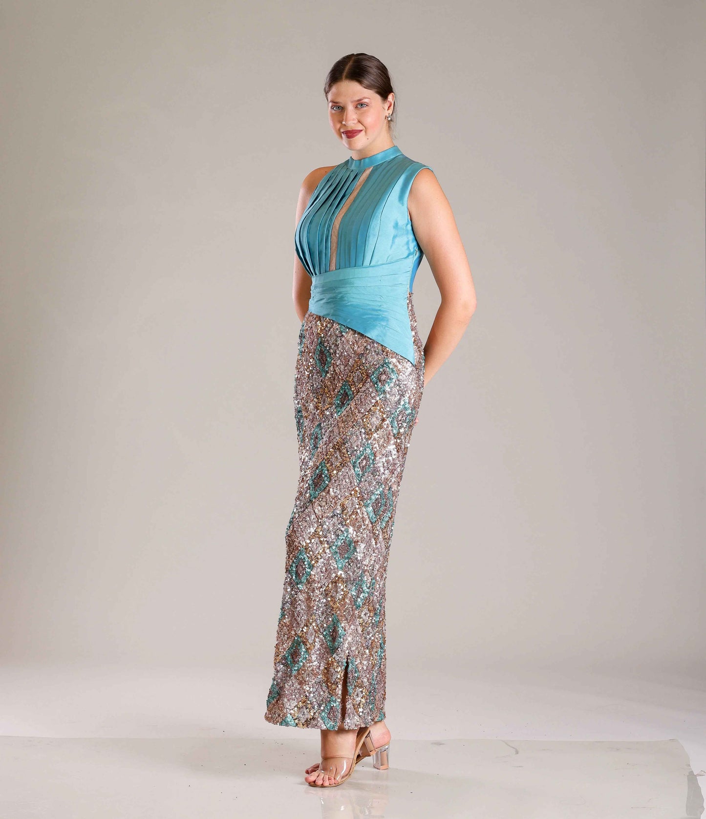 Turquoise Sequins Gown - Sakshi Narula