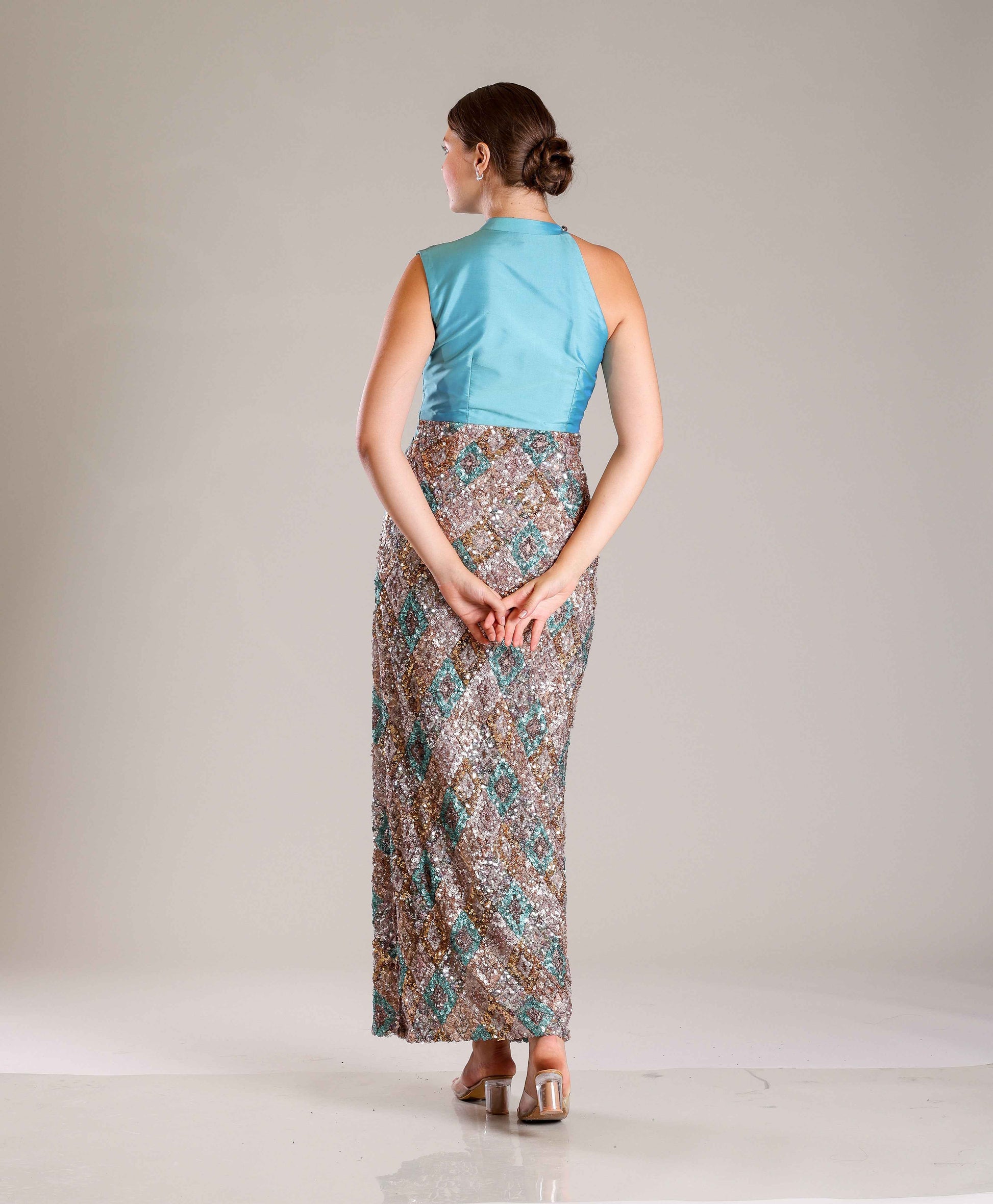 Turquoise Sequins Gown - Sakshi Narula