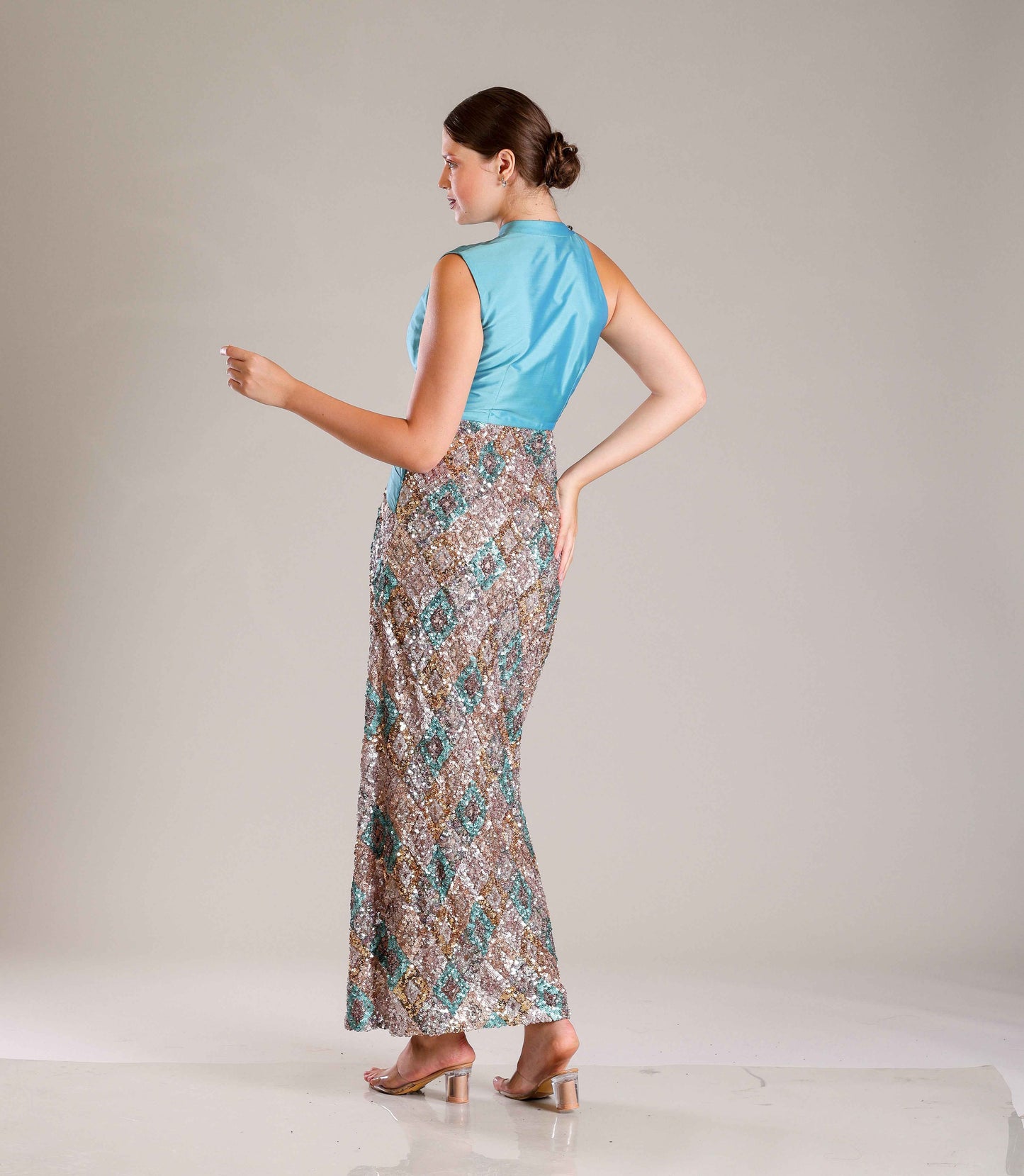 Turquoise Sequins Gown - Sakshi Narula