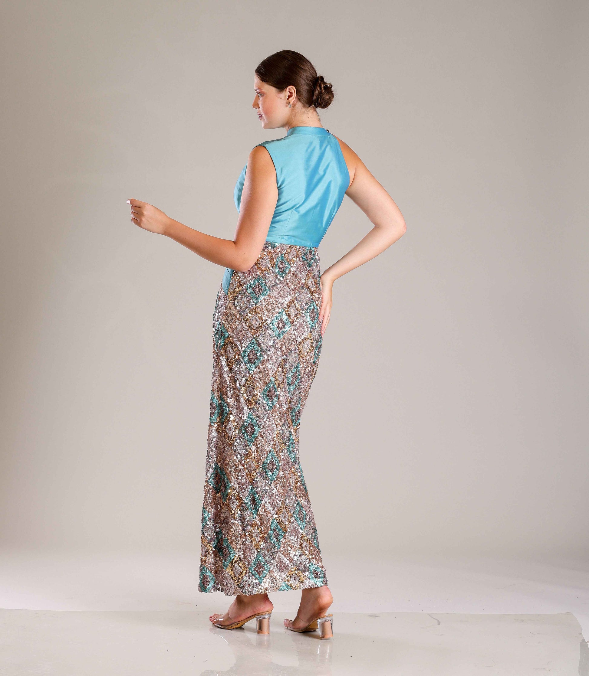 Turquoise Sequins Gown - Sakshi Narula