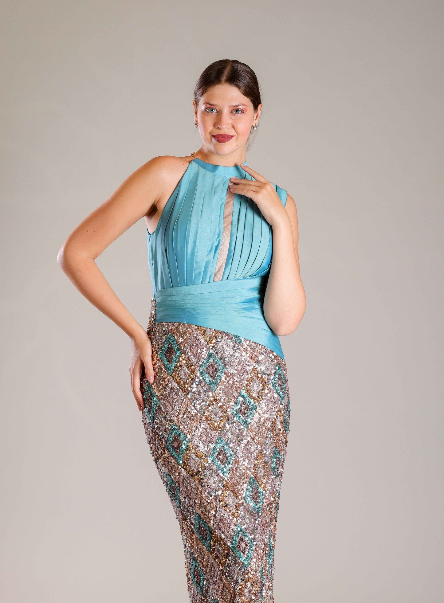 Turquoise Sequins Gown - Sakshi Narula