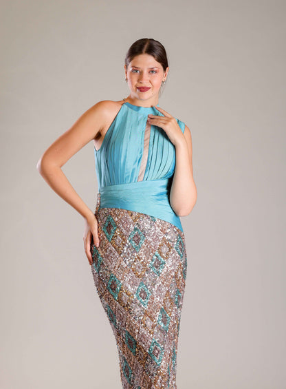 Turquoise Sequins Gown - Sakshi Narula