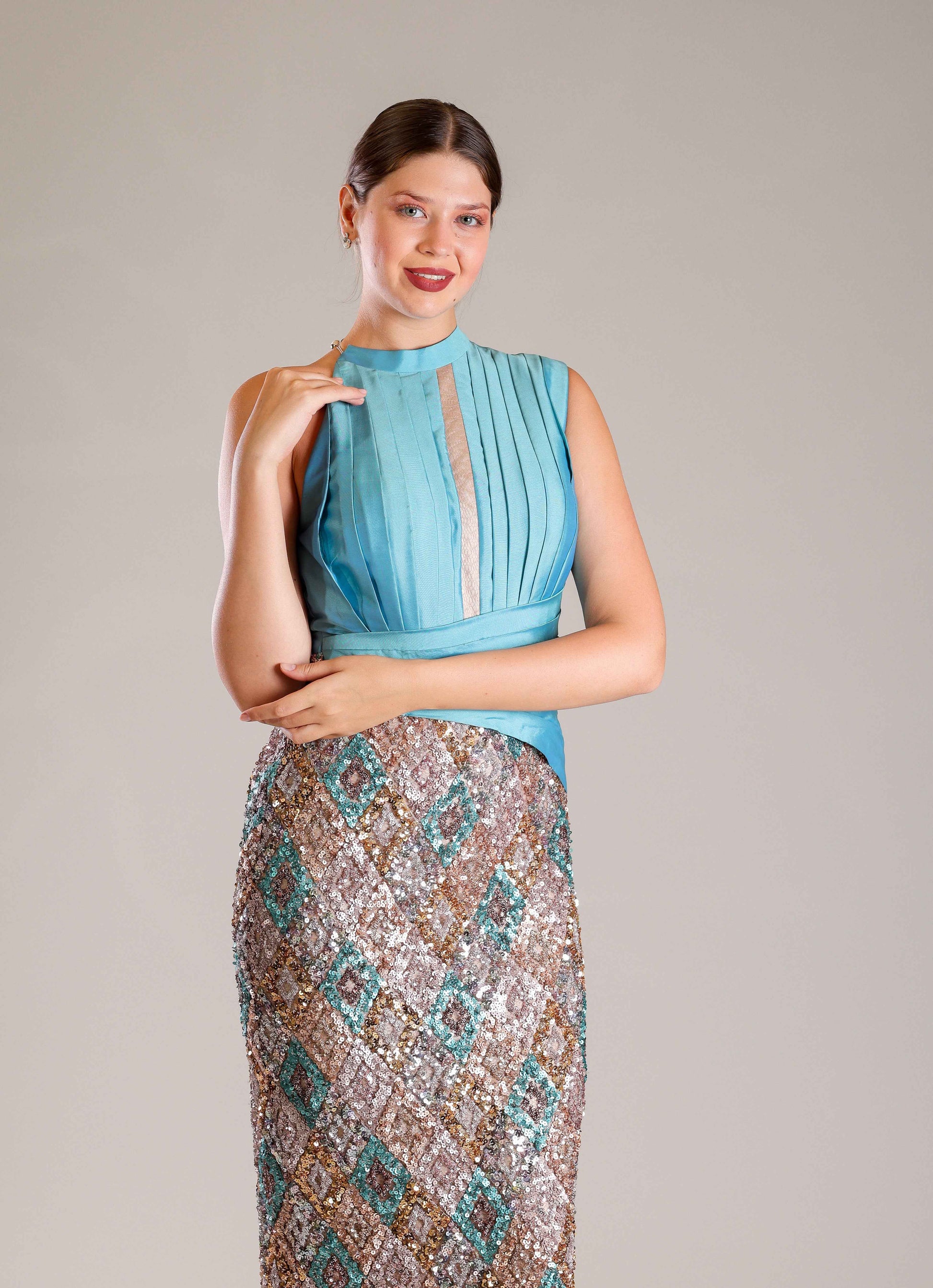 Turquoise Sequins Gown - Sakshi Narula