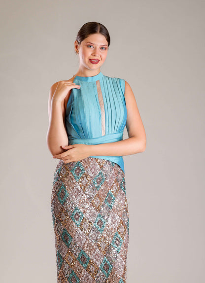 Turquoise Sequins Gown - Sakshi Narula