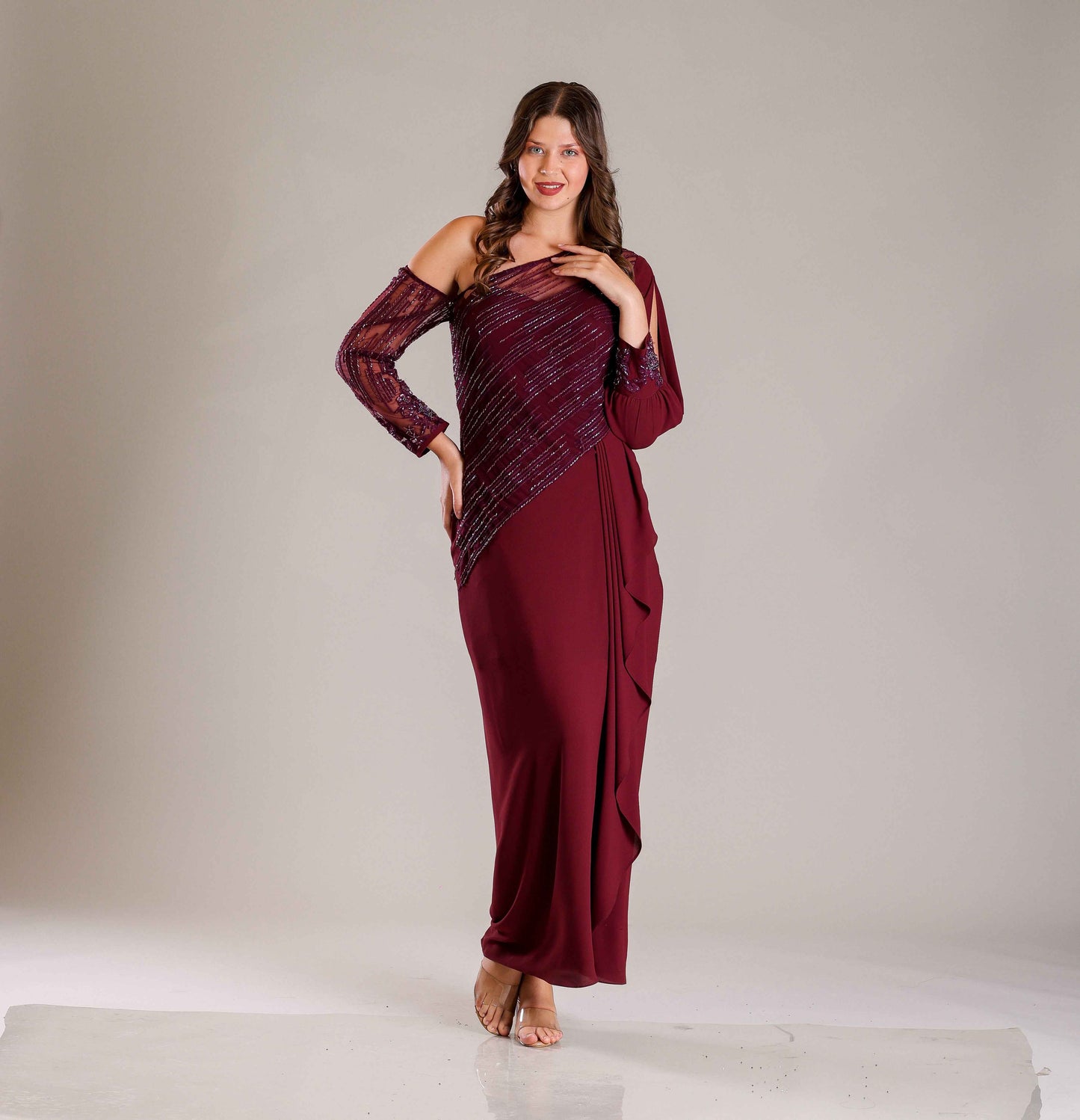 Wine & Gold Shimmer Drape Gown - Sakshi Narula