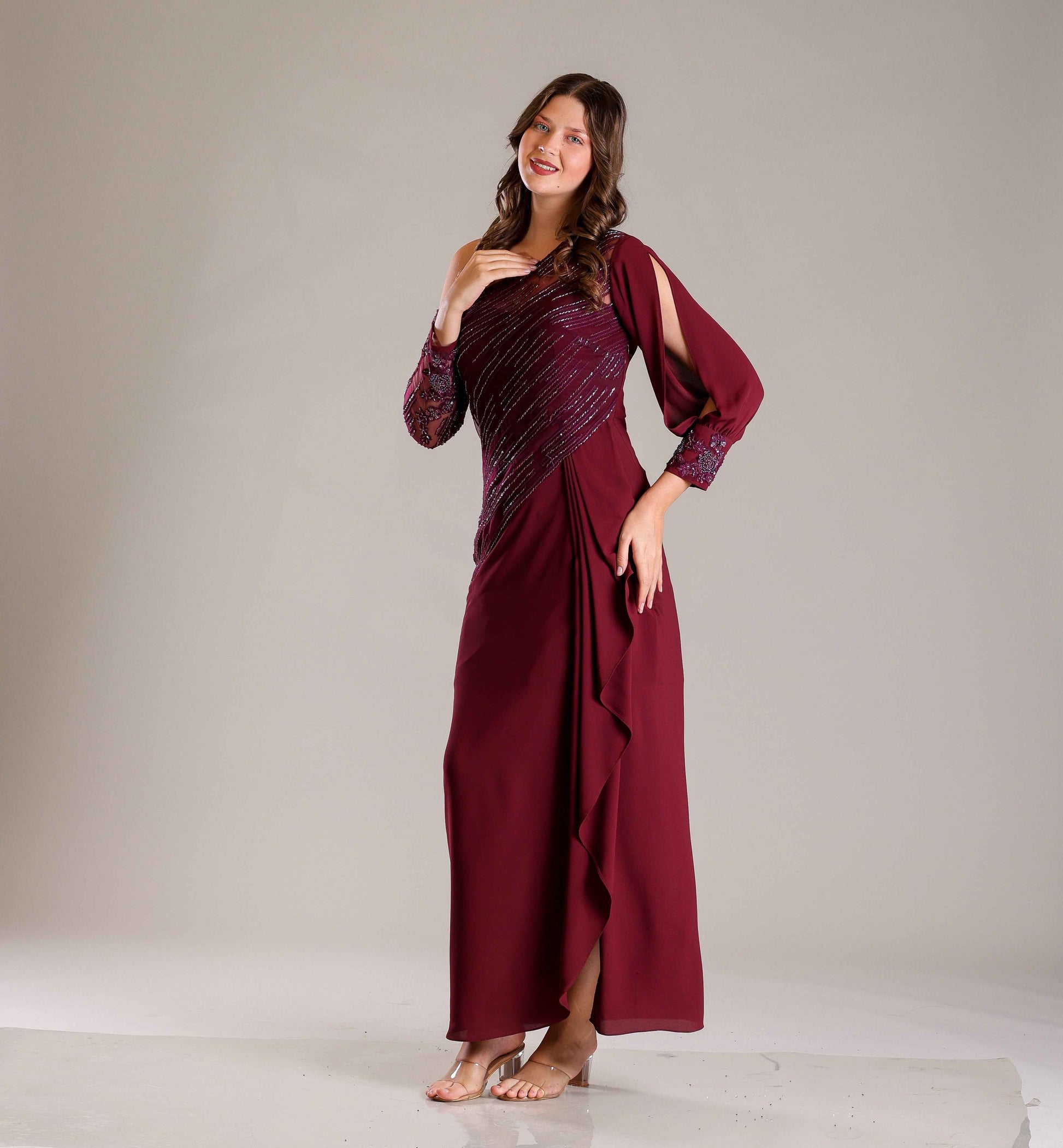 Wine & Gold Shimmer Drape Gown - Sakshi Narula