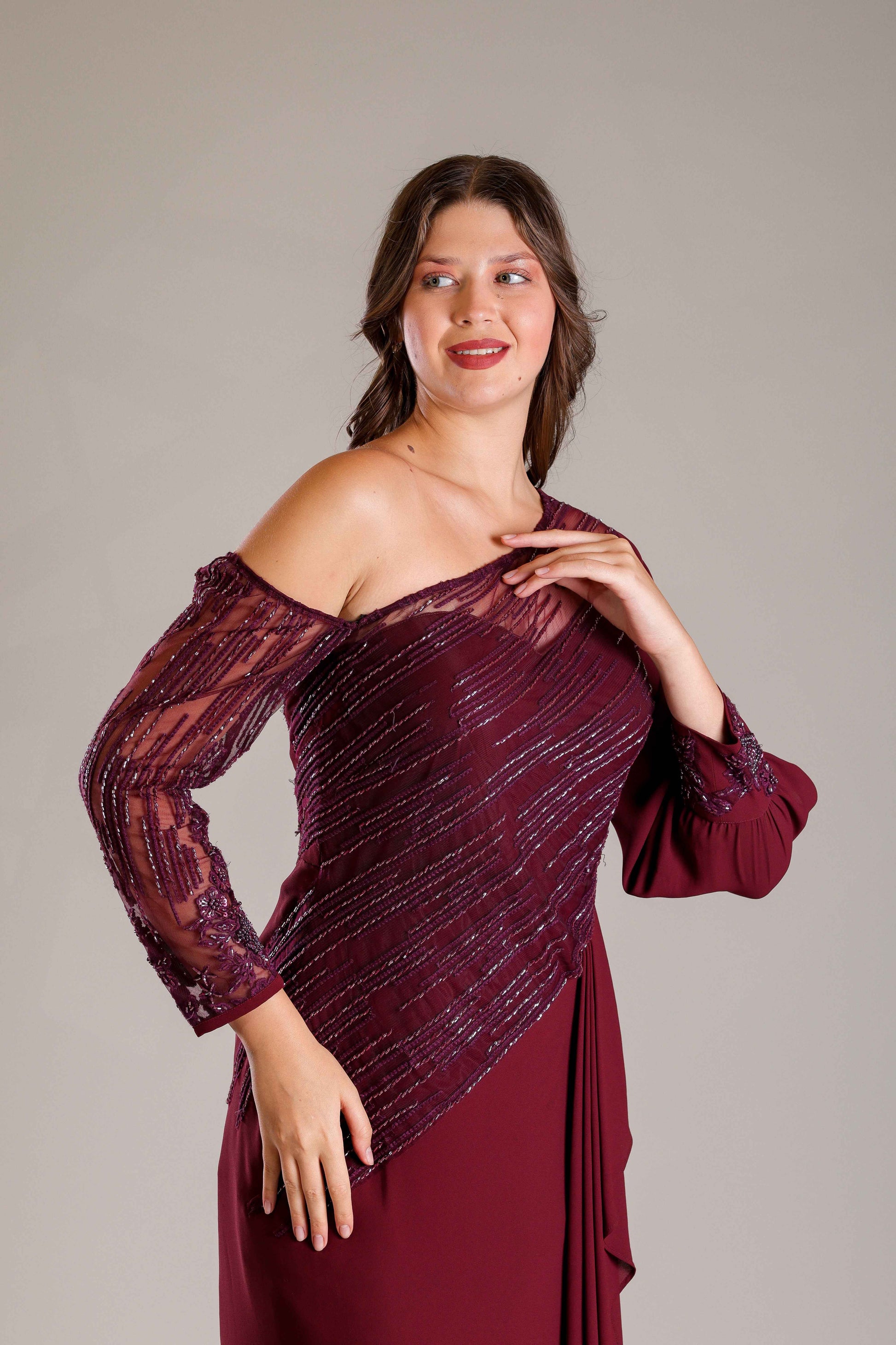 Wine & Gold Shimmer Drape Gown - Sakshi Narula