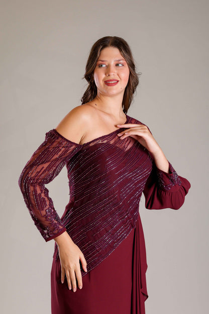 Wine & Gold Shimmer Drape Gown - Sakshi Narula