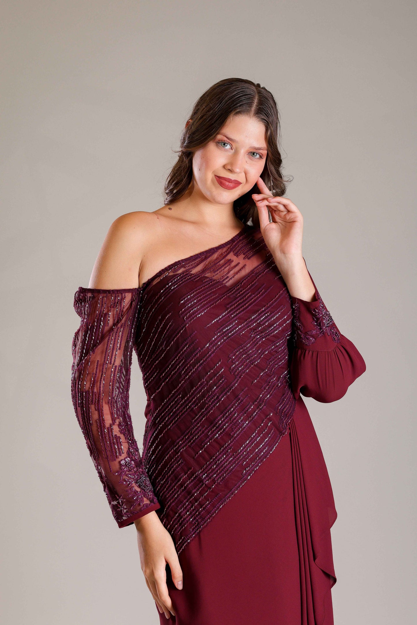 Wine & Gold Shimmer Drape Gown - Sakshi Narula