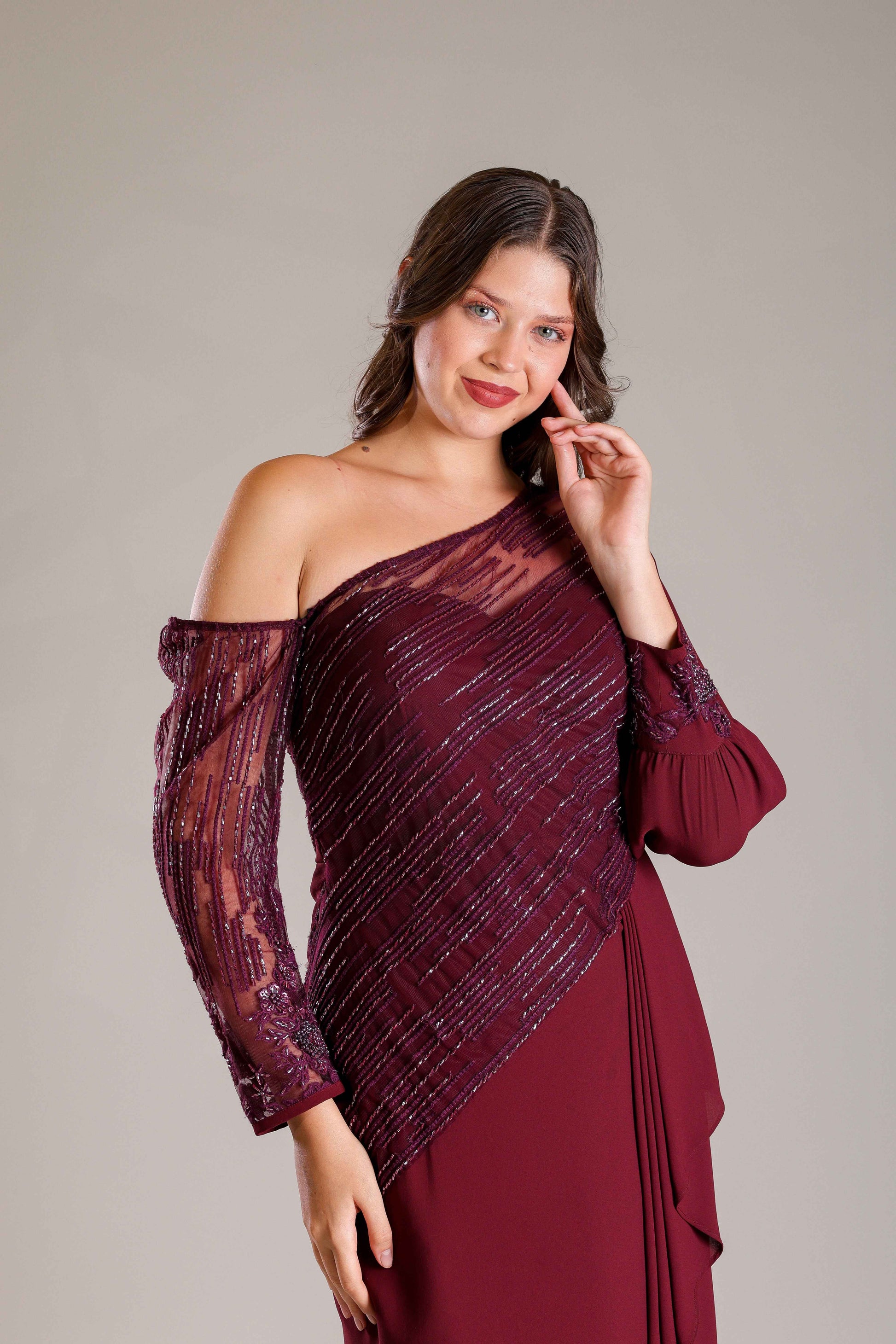 Wine & Gold Shimmer Drape Gown - Sakshi Narula