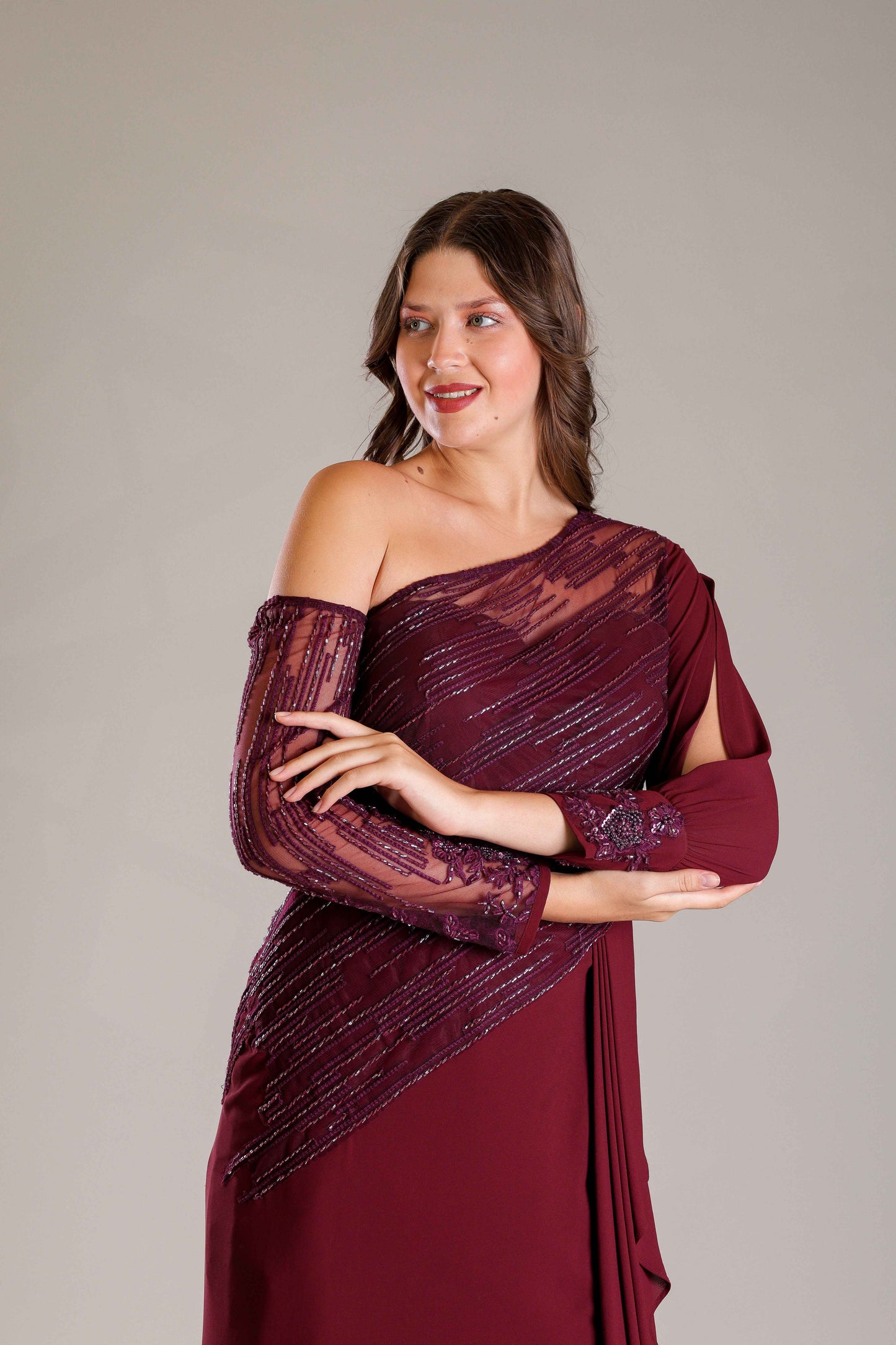 Wine & Gold Shimmer Drape Gown - Sakshi Narula