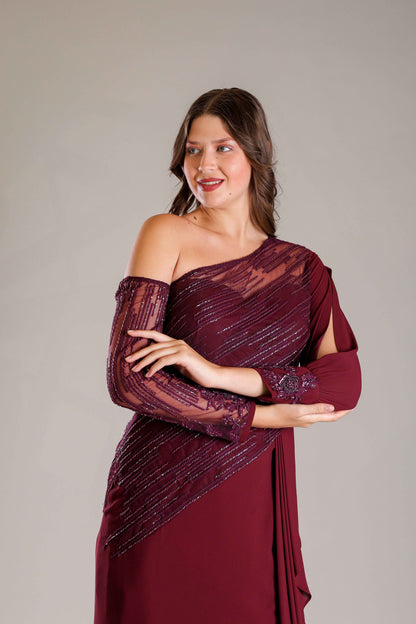 Wine & Gold Shimmer Drape Gown - Sakshi Narula