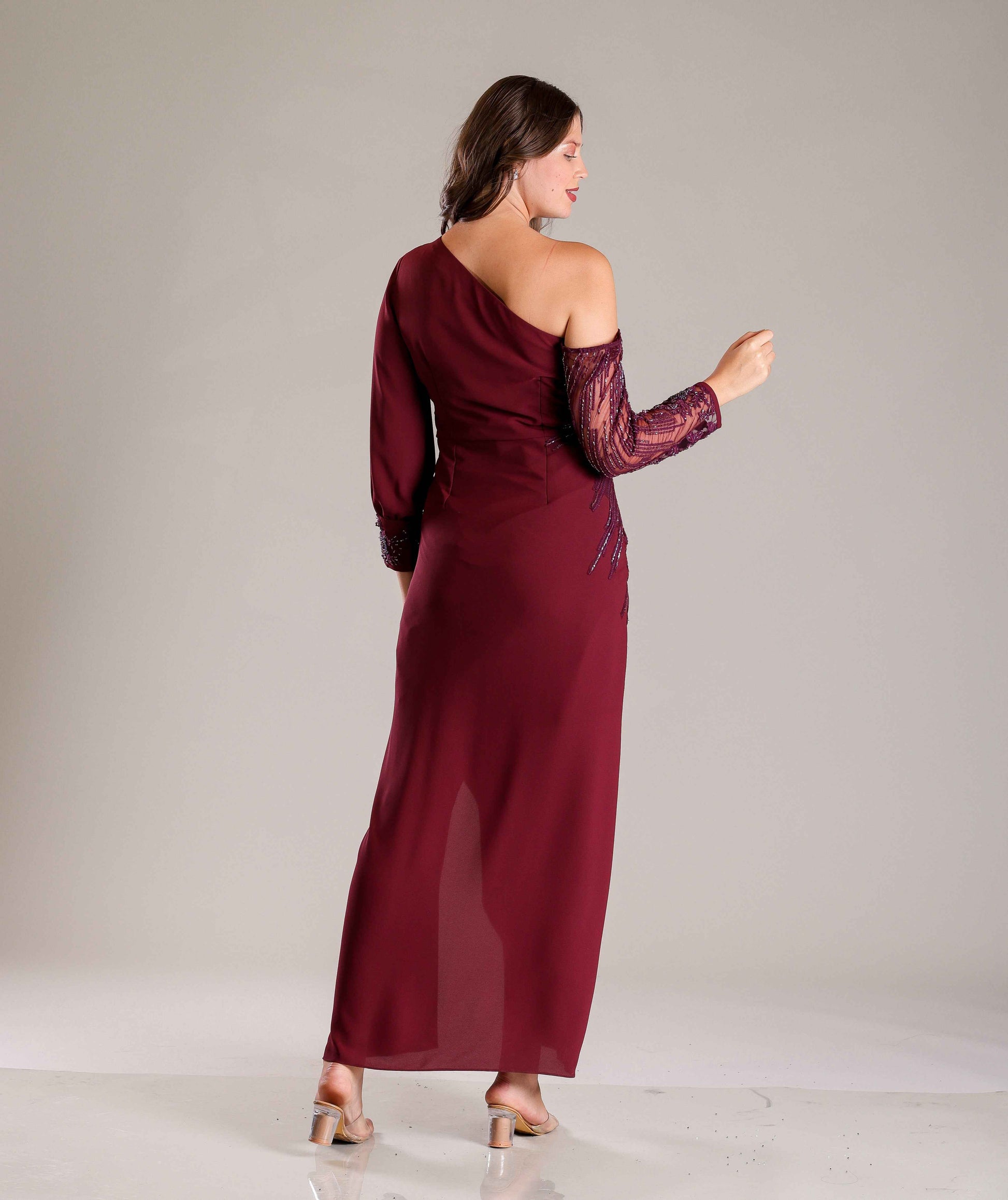 Wine & Gold Shimmer Drape Gown - Sakshi Narula