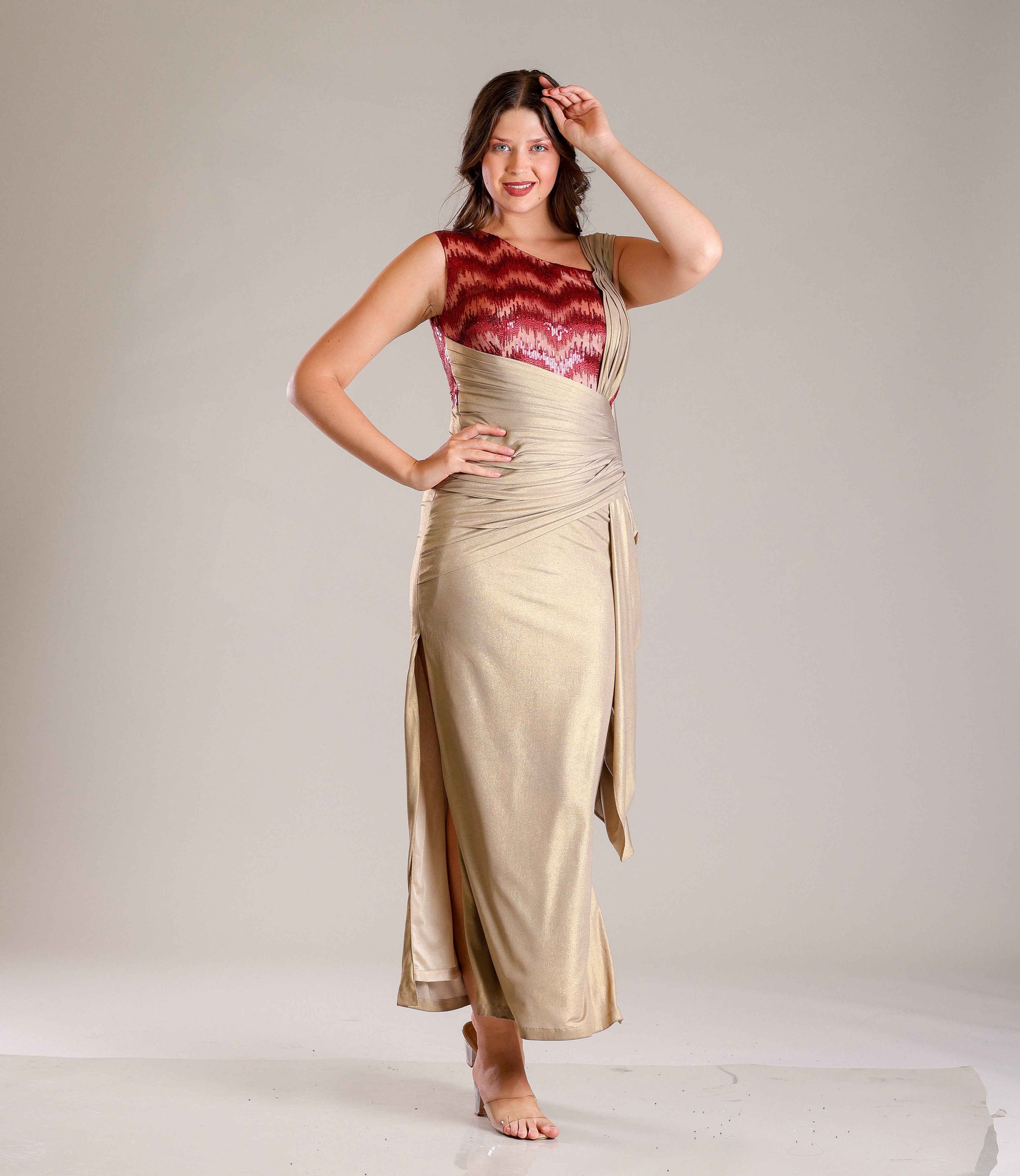 Gold & Maroon Drape Gown - Sakshi Narula