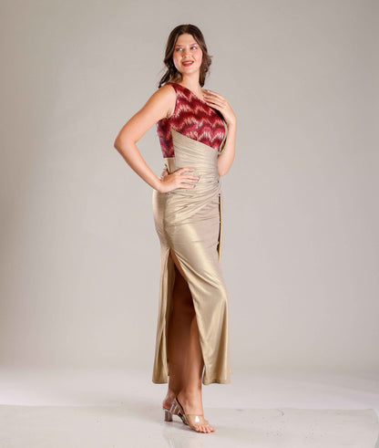Gold & Maroon Drape Gown - Sakshi Narula