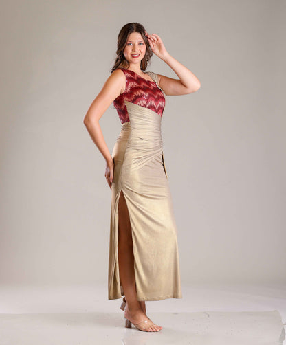 Gold & Maroon Drape Gown - Sakshi Narula