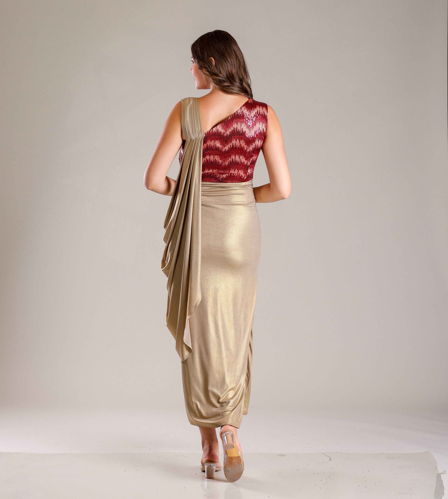 Gold & Maroon Drape Gown - Sakshi Narula