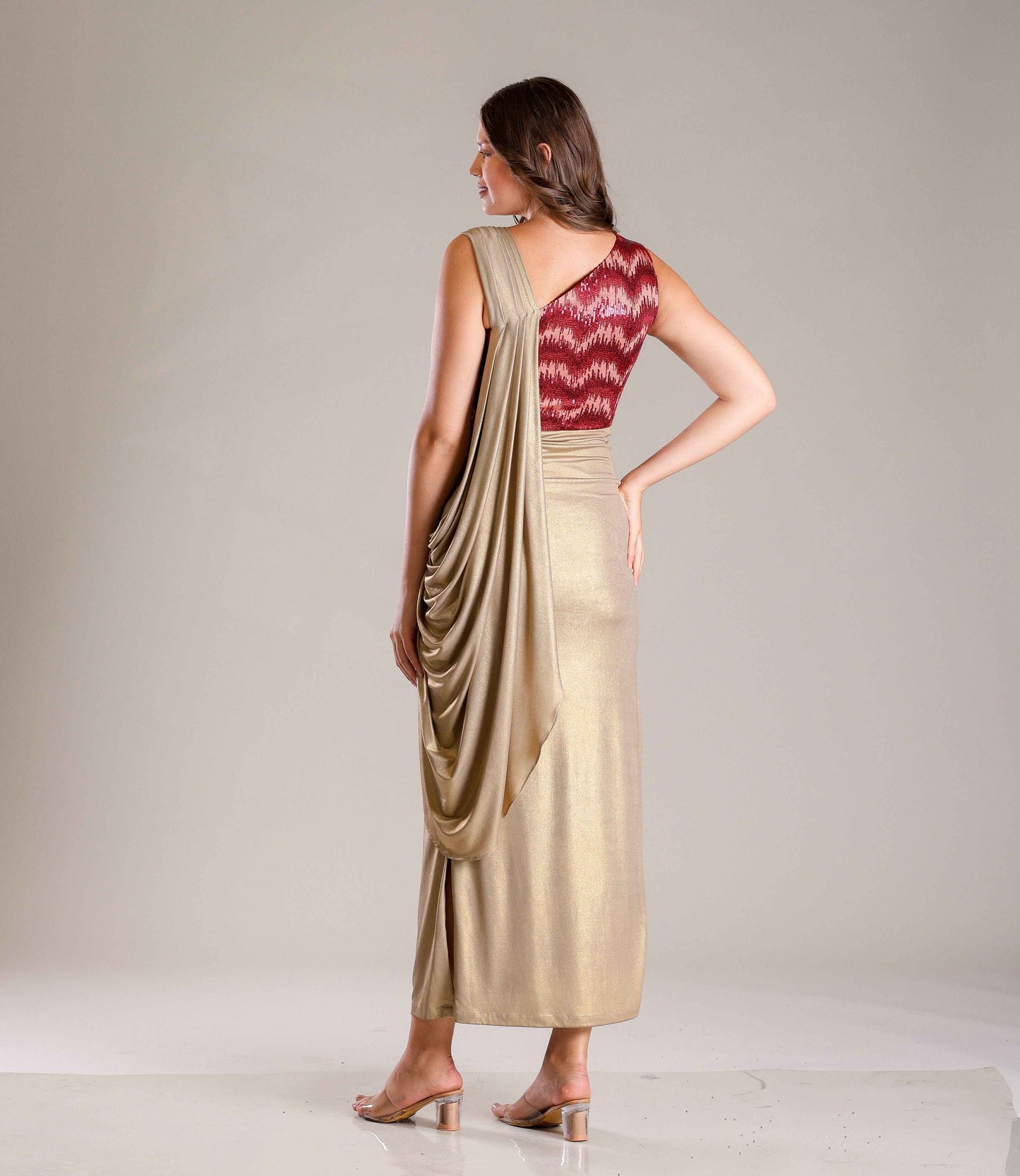 Gold & Maroon Drape Gown - Sakshi Narula