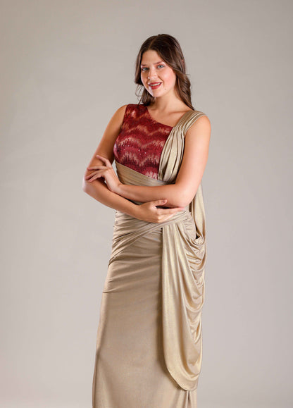 Gold & Maroon Drape Gown - Sakshi Narula